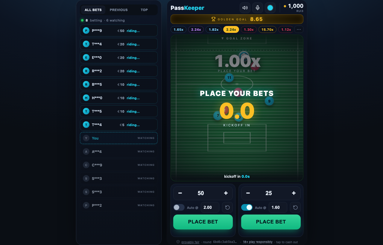 PassKeeper betting window — two bet slots and the shared pitch